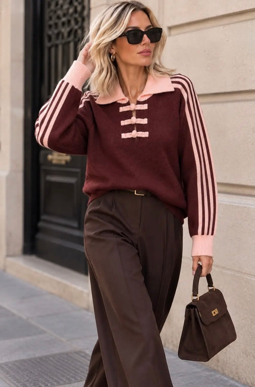 Burgundy Stripe Sleeve Detail Knit