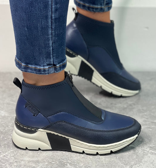 Rieker - Navy Front Zip Sock Trainer Boot