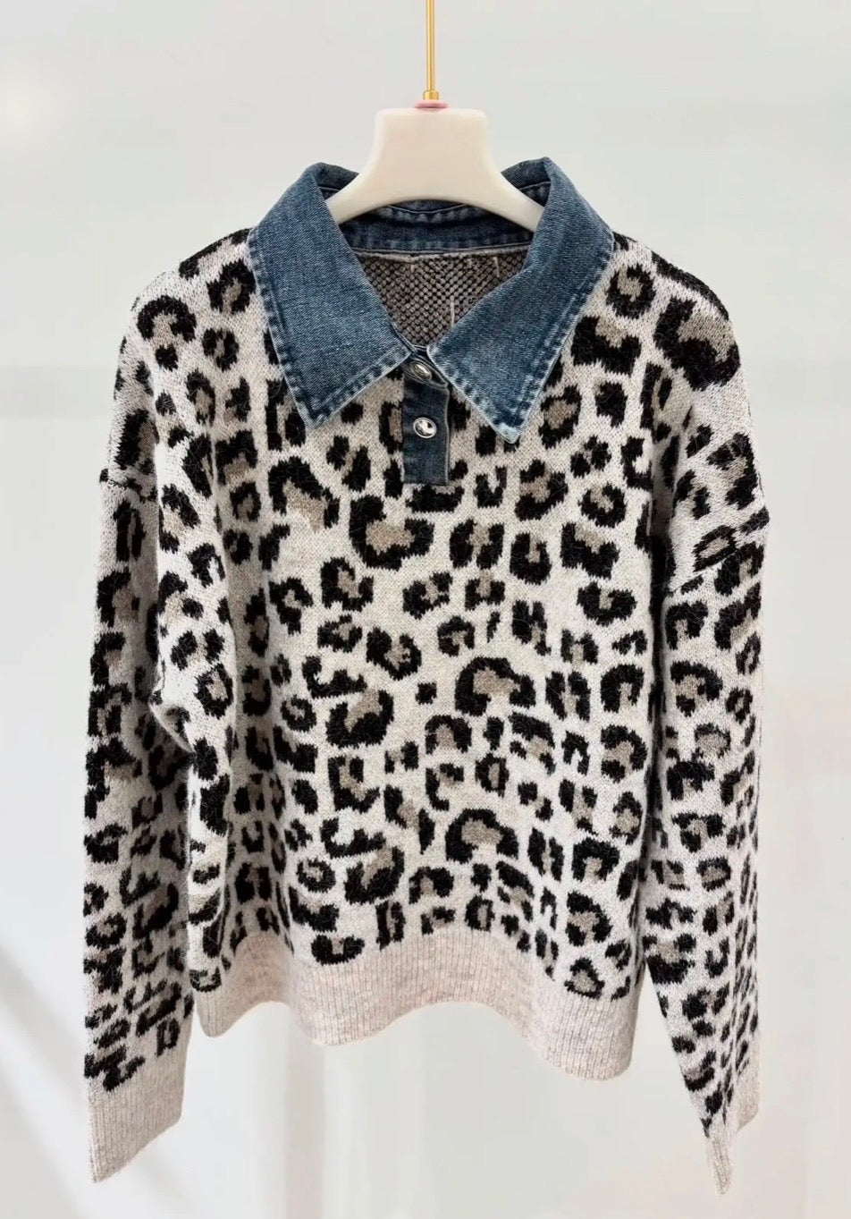Ivory Leopard/Denim Collar Knit