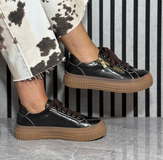 Lotus - 'Alexa' Brown Patent Gum Sole Trainer