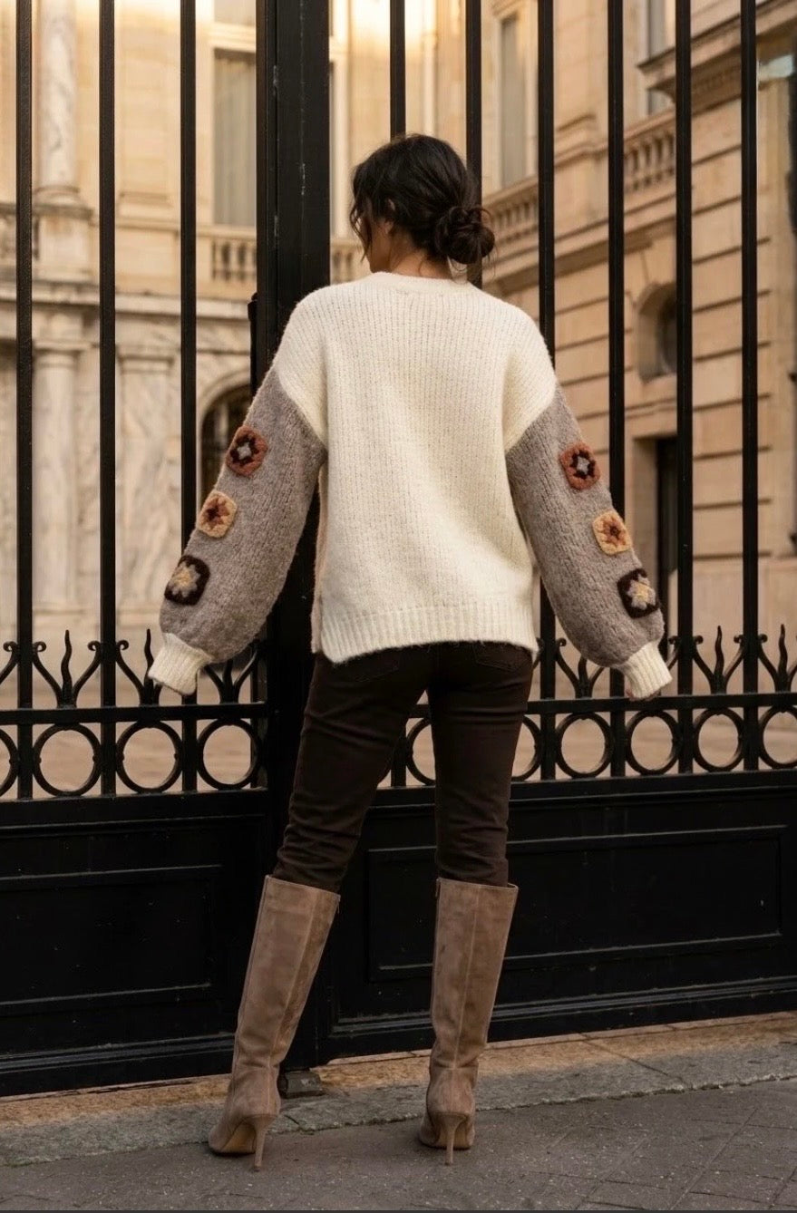 Cream/Beige Embroidered Sleeve Oversized V Neck Knit