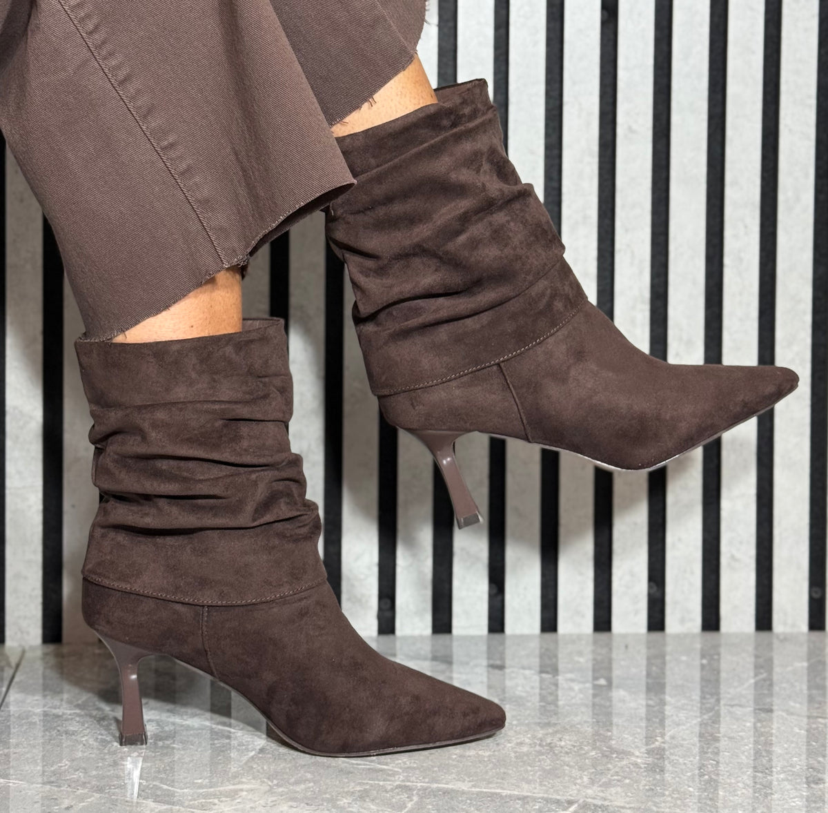 Xti - Brown Faux Suede Ruched Heel Boot (146393)