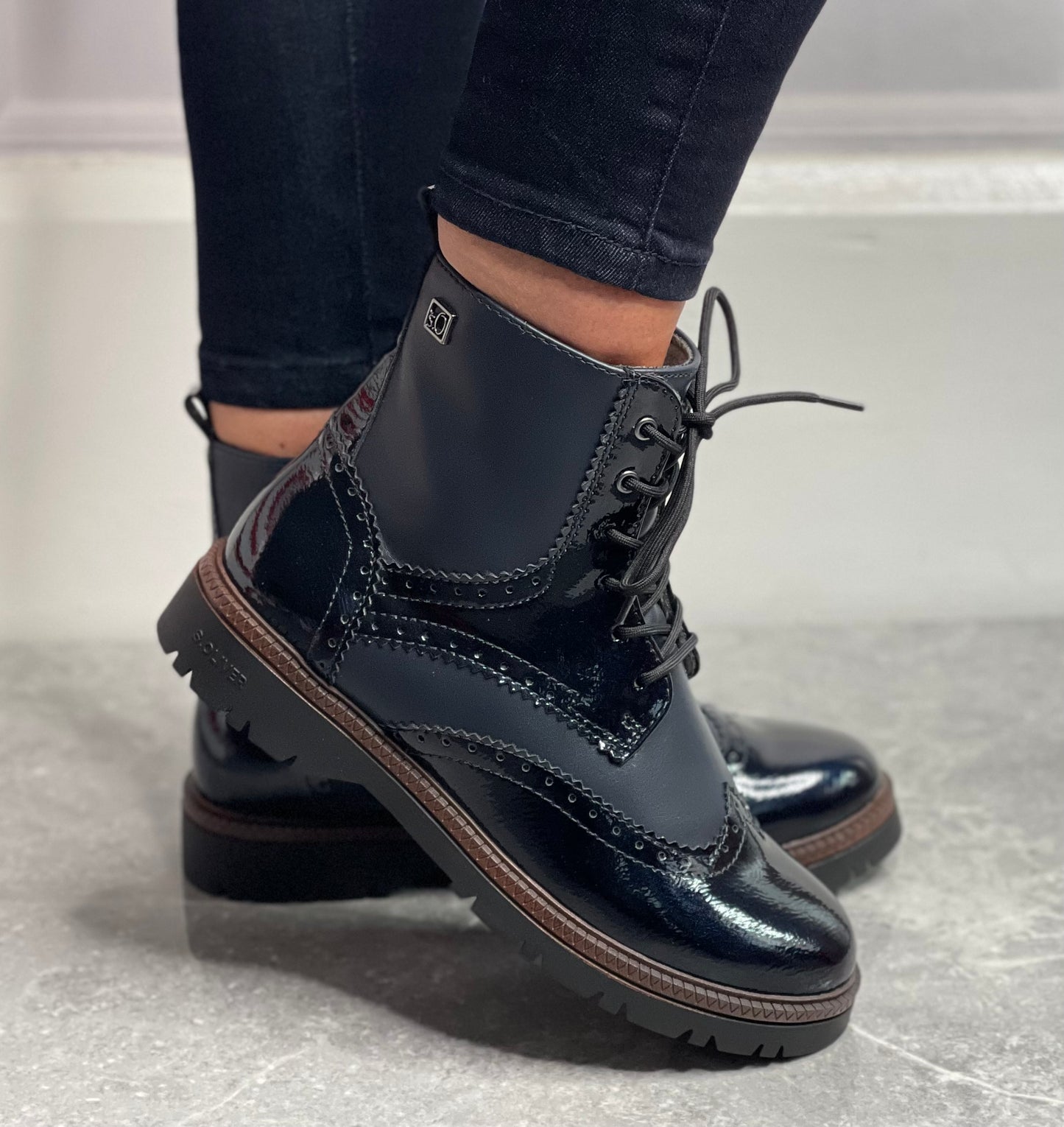 S Oliver - Navy Patent Combo Laced Boot