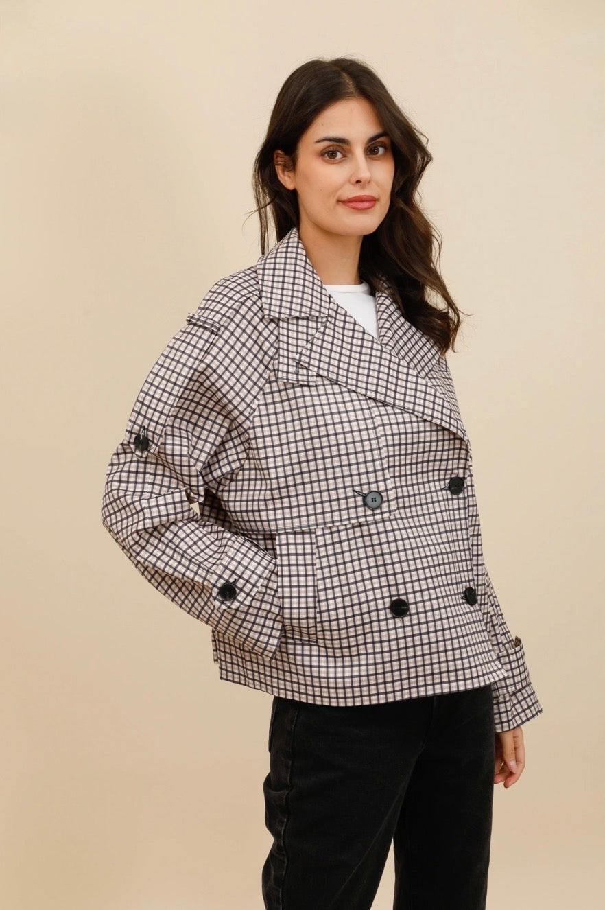 Checked High Collar Short Oversized Trench Coat