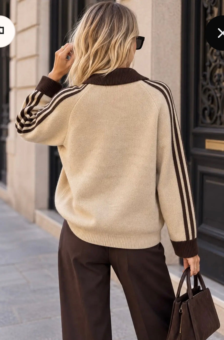 Beige Stripe Sleeve Detail Knit