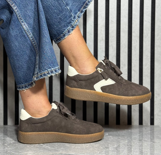 Jana - Mocca Faux Suede Gum Sole Trainer