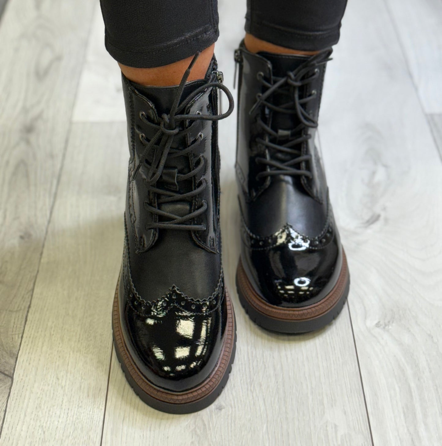 S Oliver - Black Patent Combo Brogue Boot