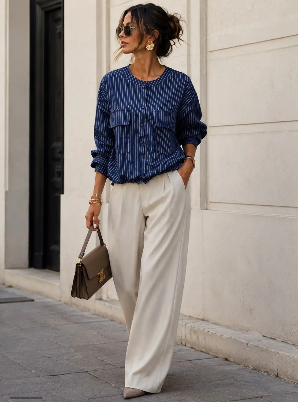 Navy Striped Shirt With Drawstring.