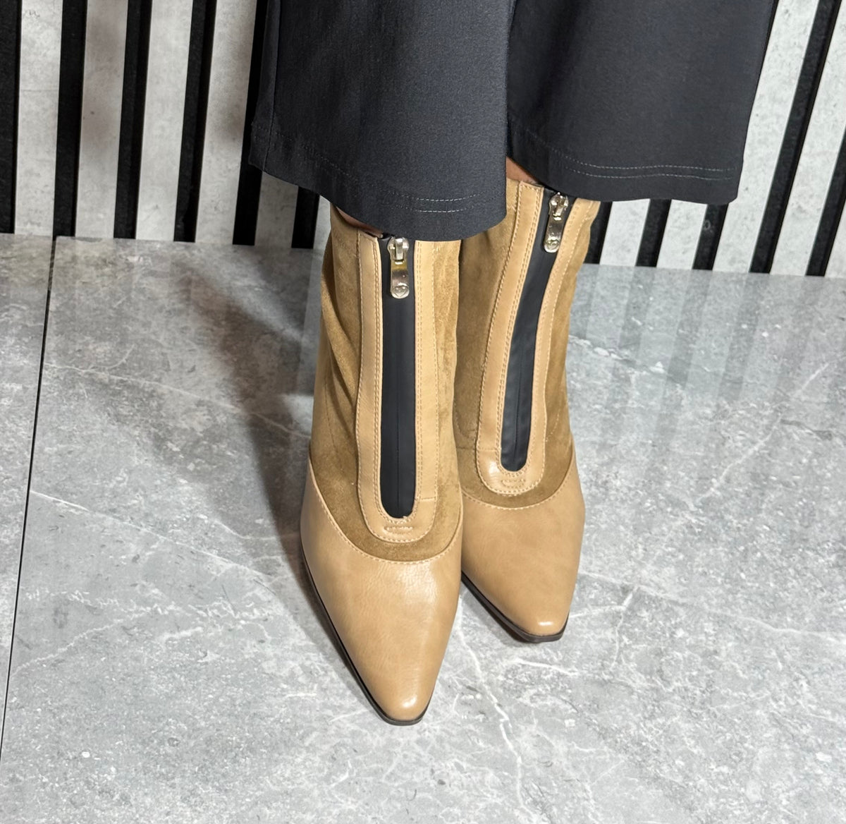 Marco Tozzi - Beige Combo Front Zip Heeled Boot
