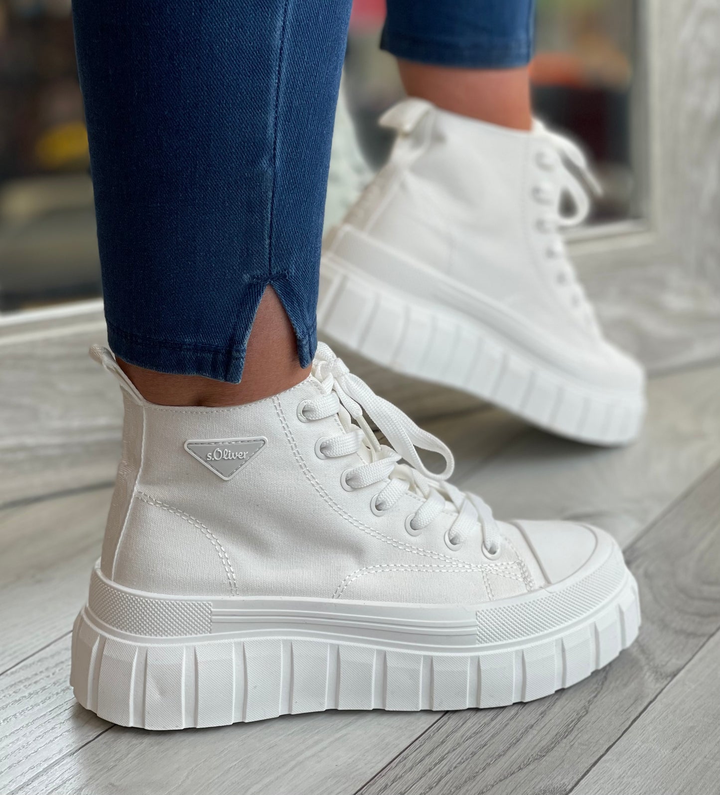 S Oliver - White Canvas High Top Trainer