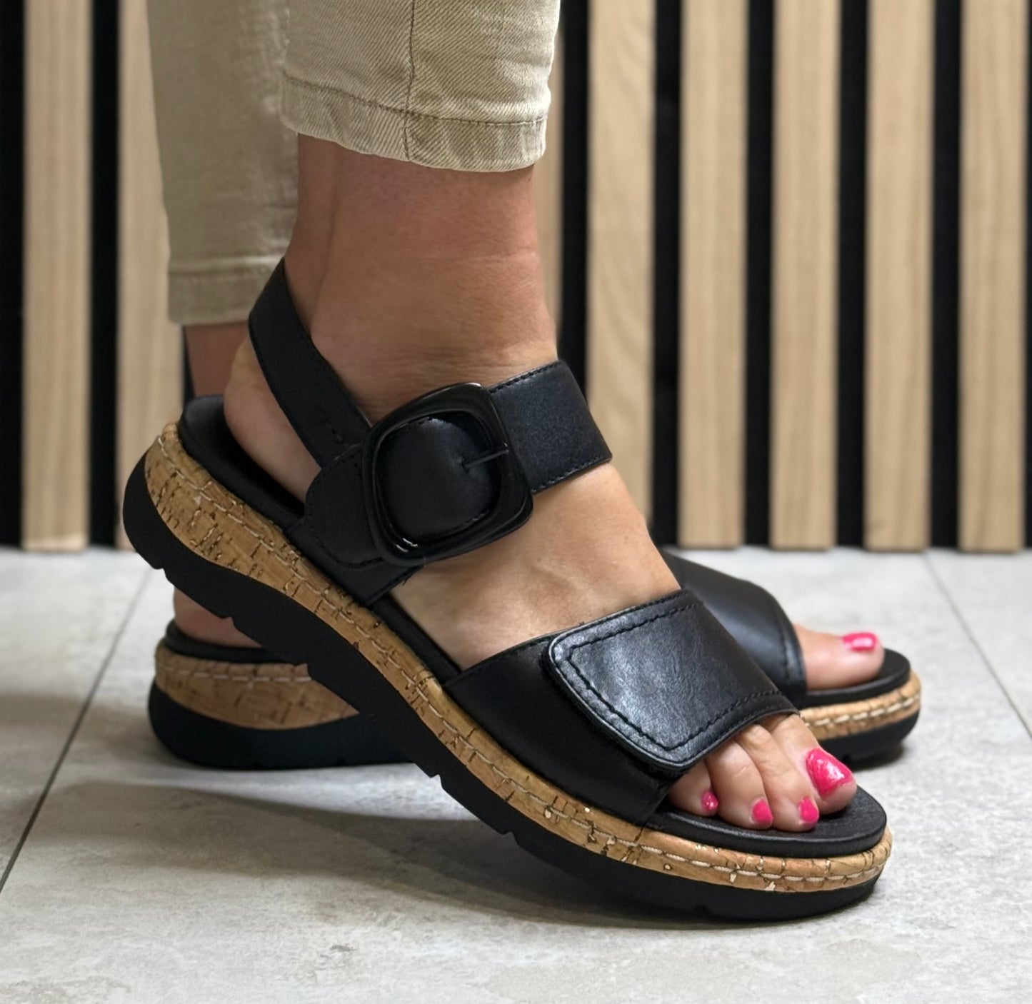Jana - Black Buckle Detail Leather Sandal