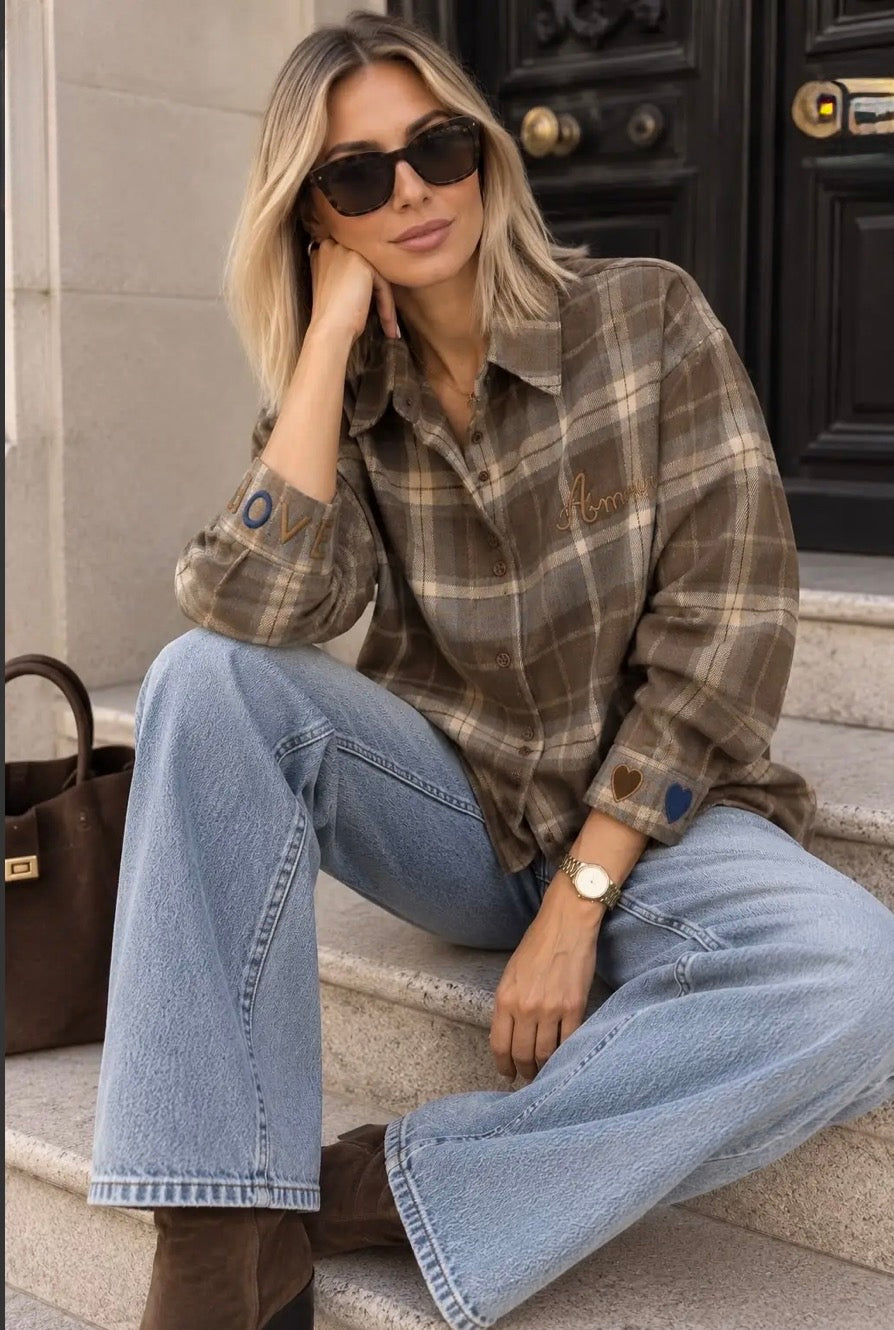 Brown Check Embroidered Detail Oversized Shirt