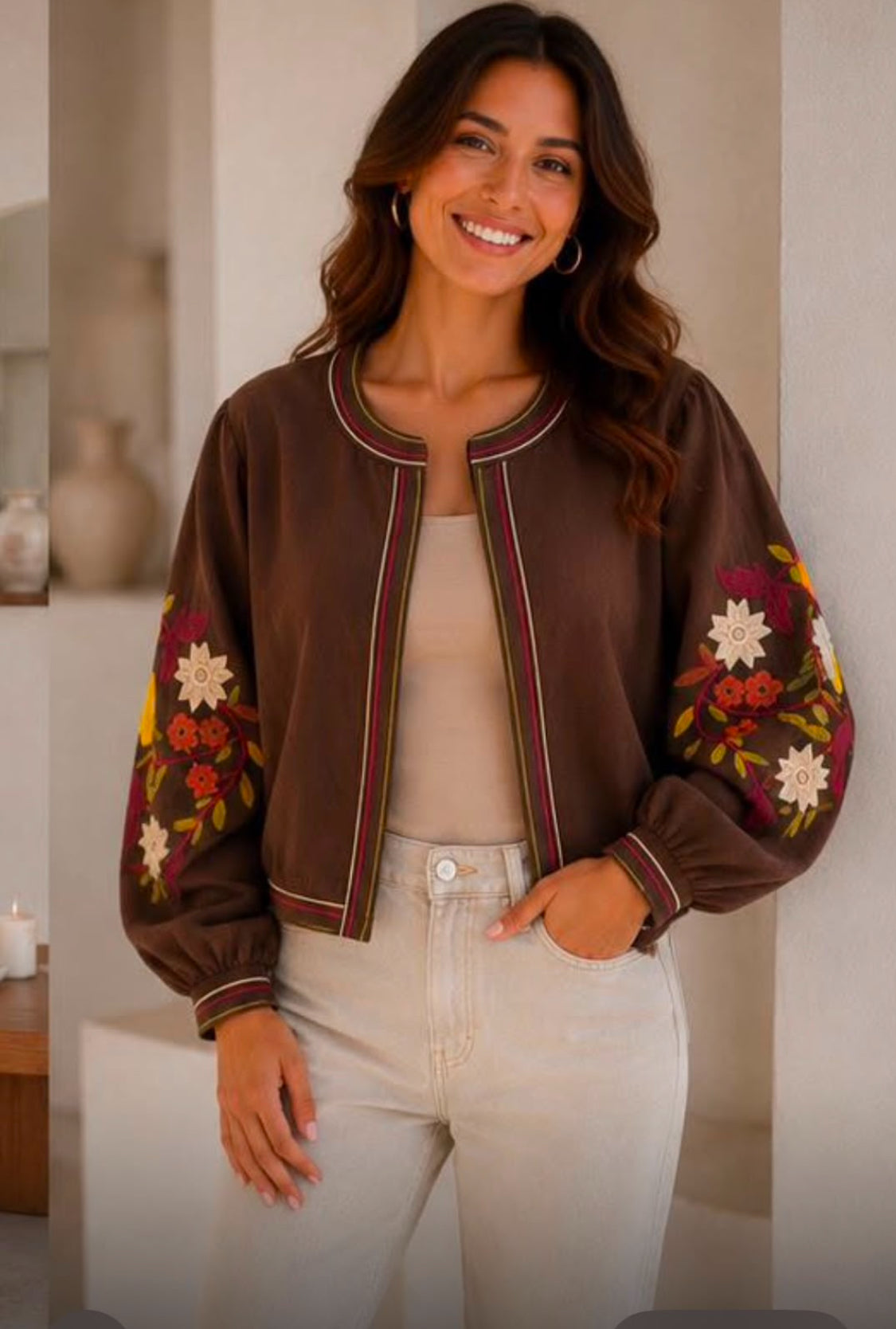 Brown Edge To Edge Floral Sleeve Jacket.