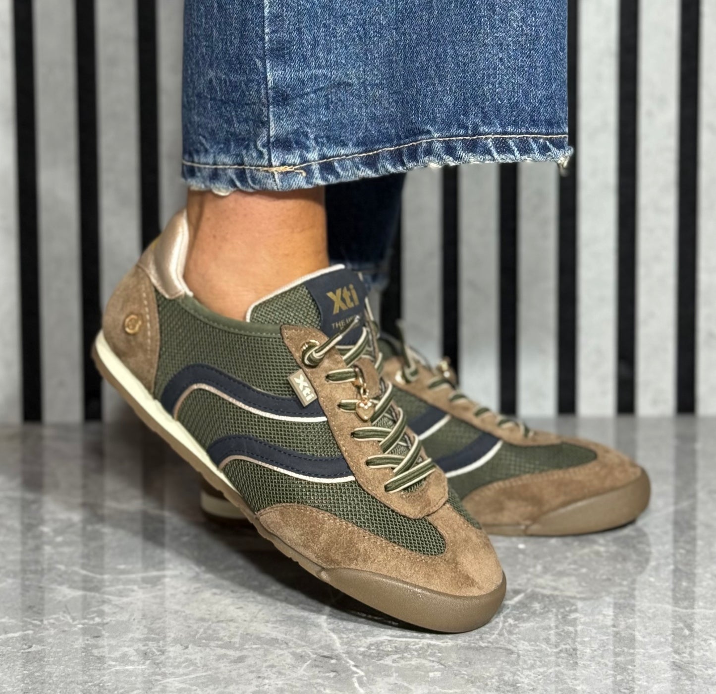 Xti - Khaki Combo Elastic Lace Trainer (146156)