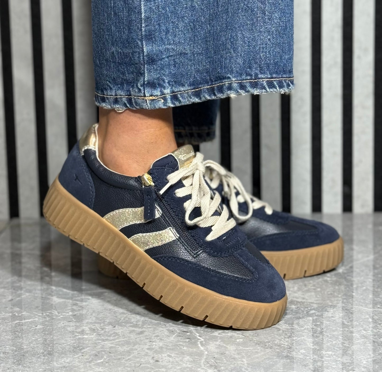 Tamaris Comfort - Navy/Gold Trim Gum Sole Trainer