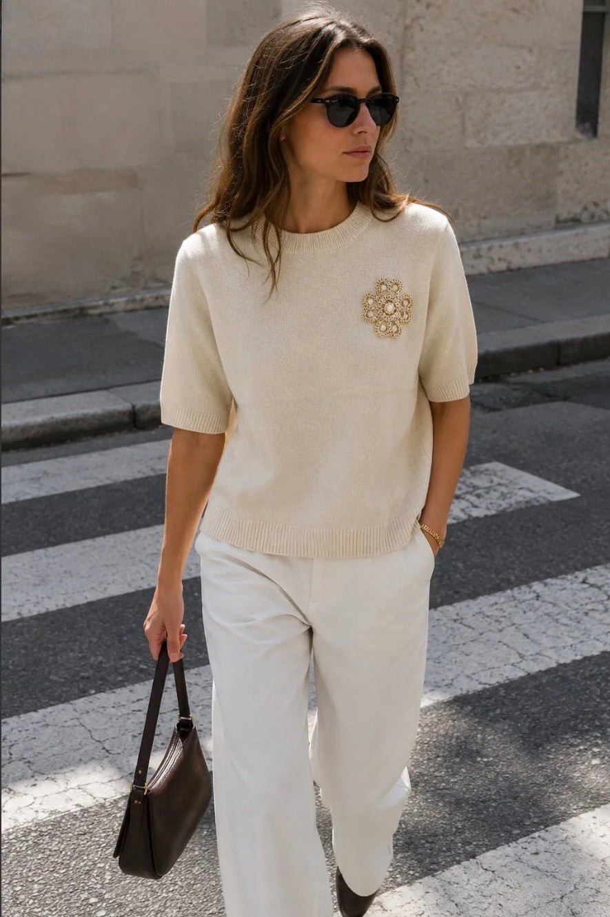 Ivory Embroidered Detail Fine Knit