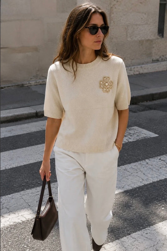 Ivory Embroidered Detail Fine Knit