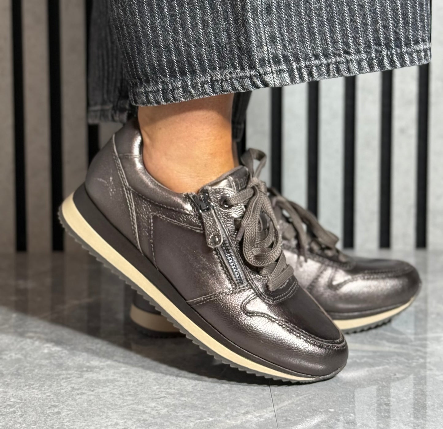 Jana - Pewter Metallic Side Zip Leather Trainer