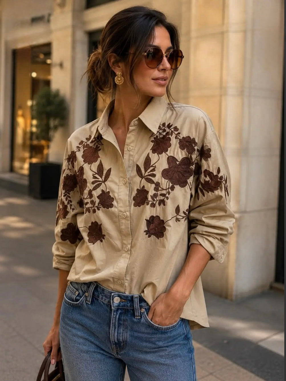 Taupe Oversized Floral Embroidered Shirt
