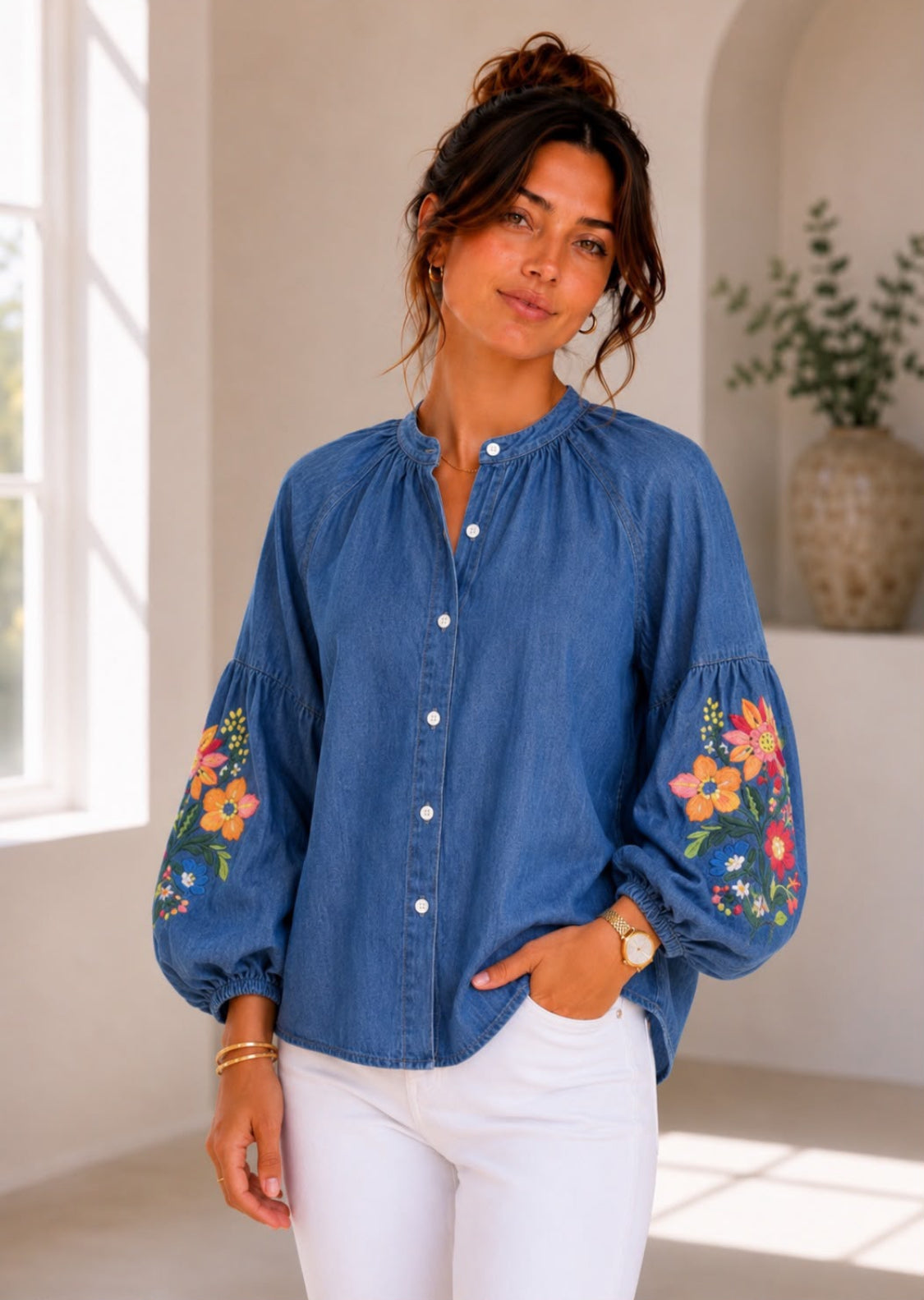 Denim Floral Detail Balloon Sleeve Top