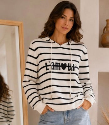 White ‘L’armour’ stripe knitted hoodie