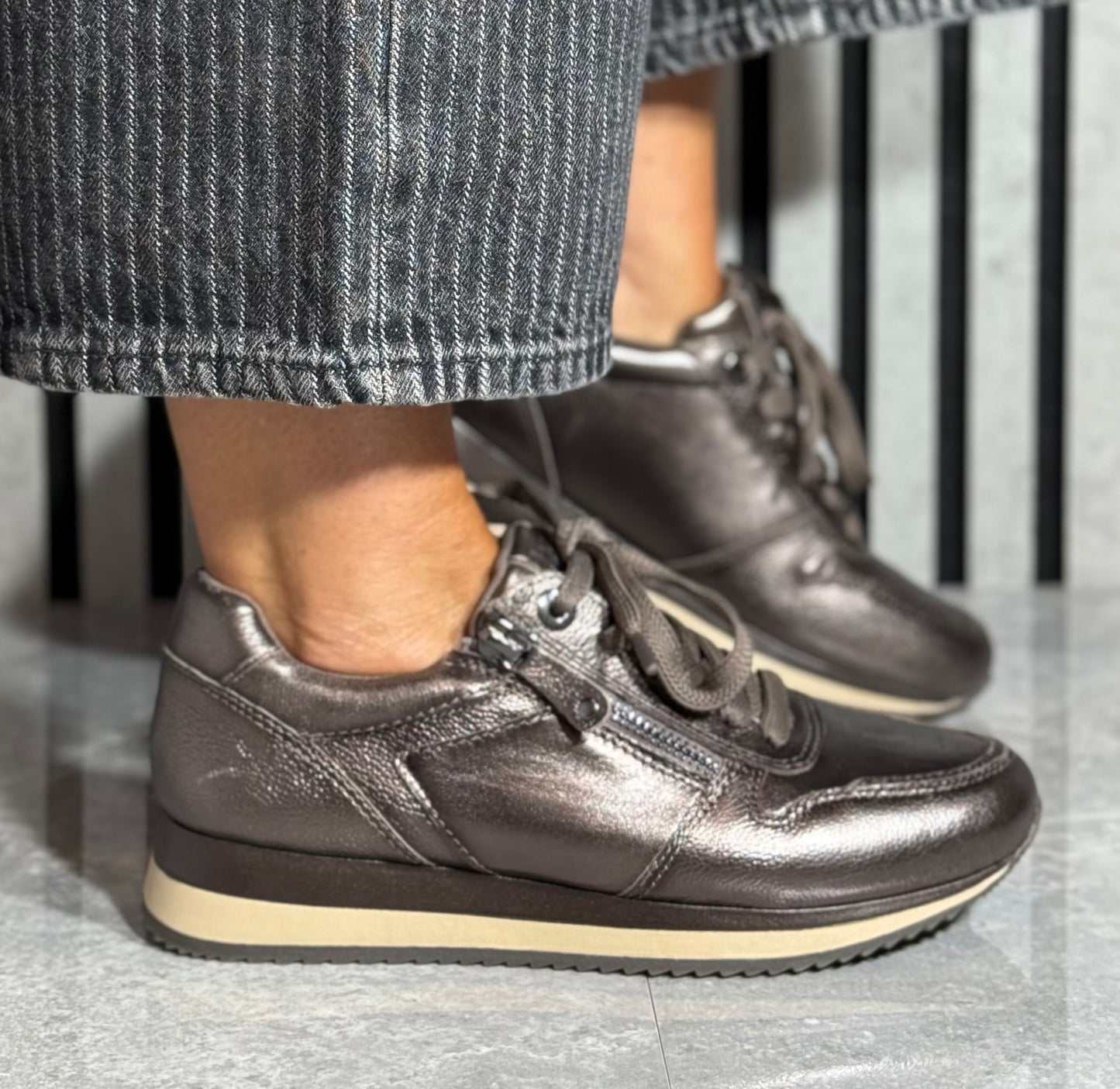 Jana - Pewter Metallic Side Zip Leather Trainer