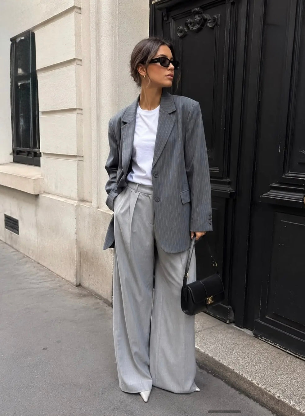 Grey Pinstripe Oversized Blazer