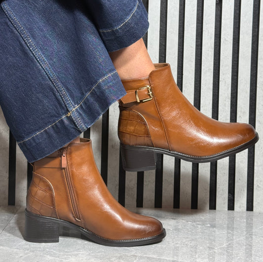 Redz - Tan Croc Detail Heel Ankle Boot