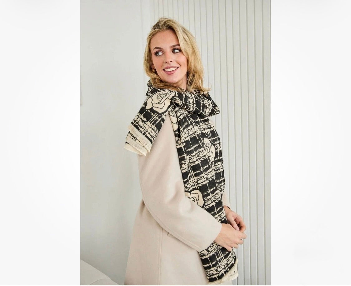 Elie Beaumont - Black & Ivory Roses on Checks Scarf (6028)