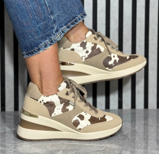 Xti - Beige Cow Print Wedge Trainer (146367)