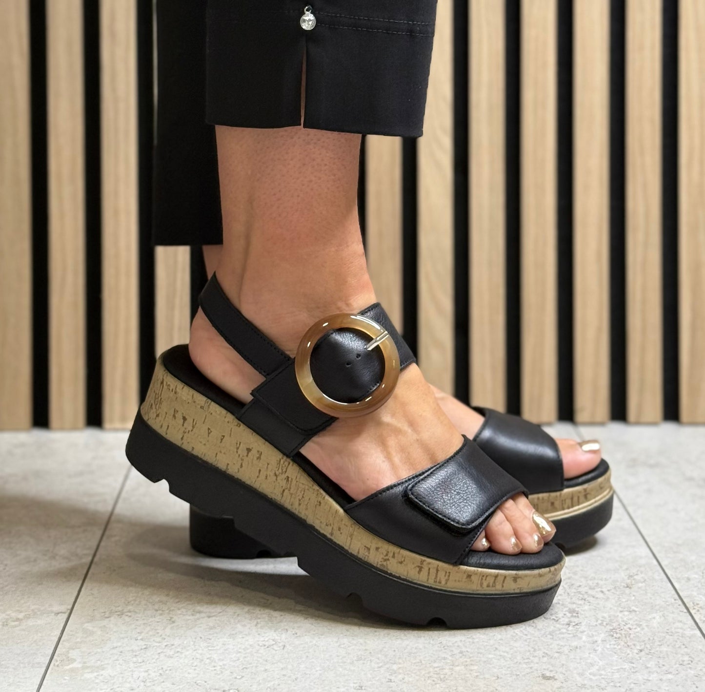 Lotus - 'Cammie' Black Leather Platform Sandal