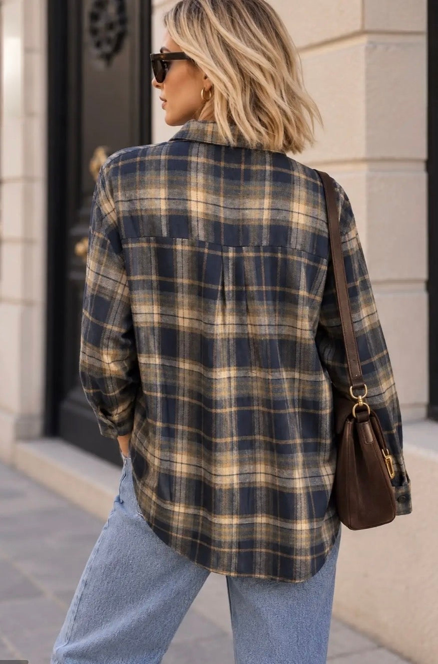 Navy Check Embroidered Detail Oversized Shirt