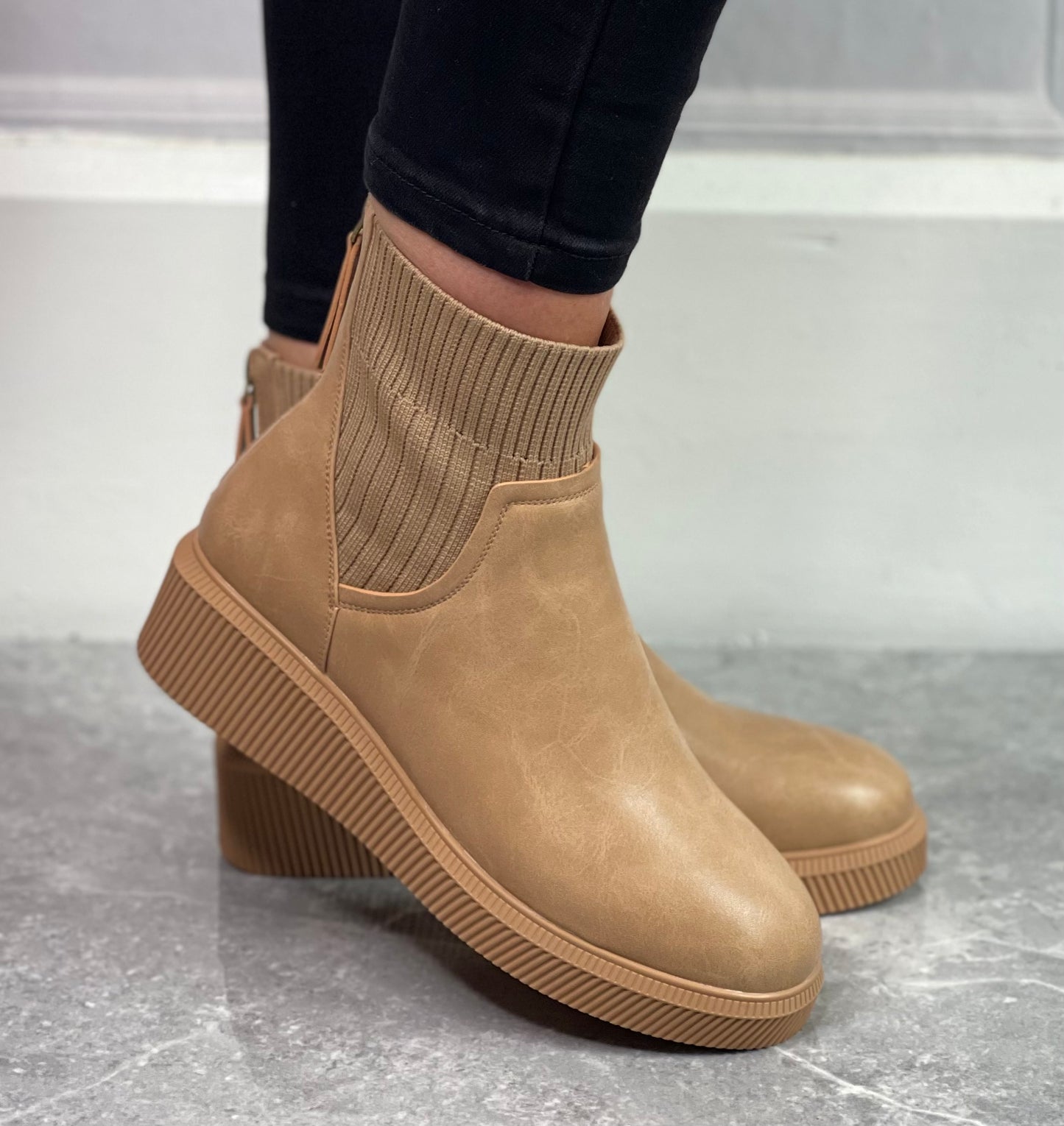 Lunar - 'Tara' Beige Wedge Sock Boot