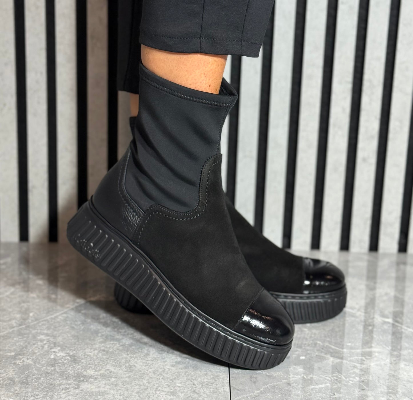 Wonders - A-5207 Black Suede/Leather Stretch Platform Boot