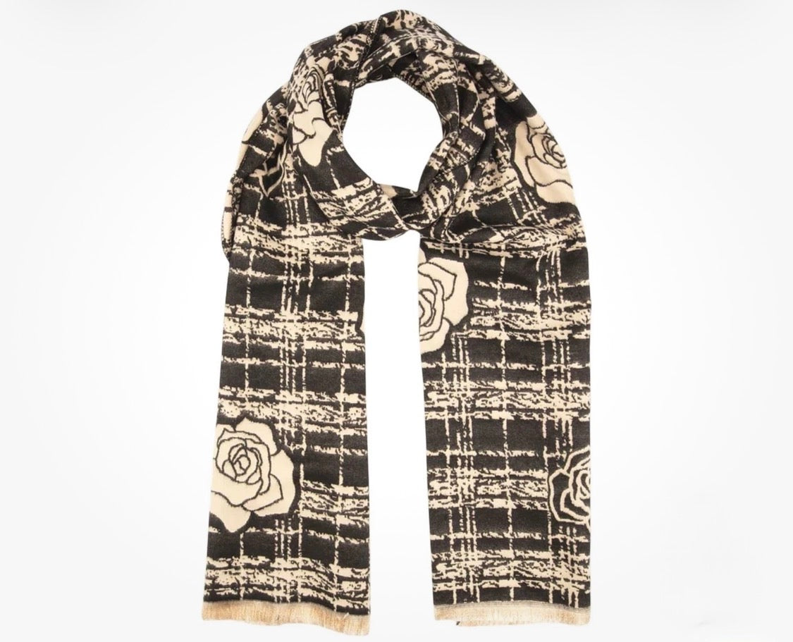 Elie Beaumont - Black & Ivory Roses on Checks Scarf (6028)