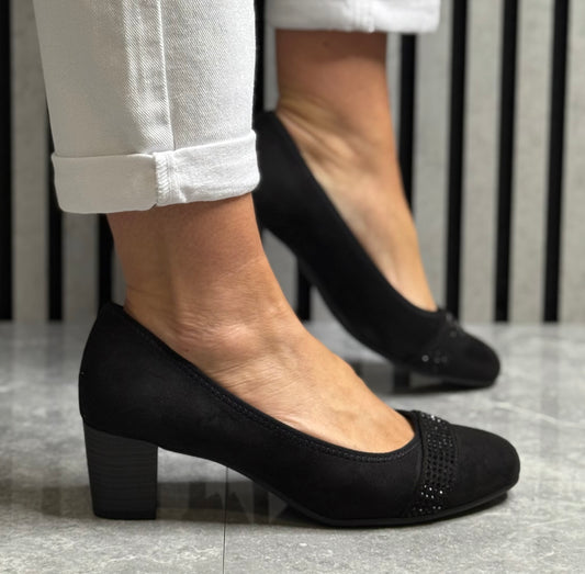 Jana - Black Faux Suede Block Heel Shoe