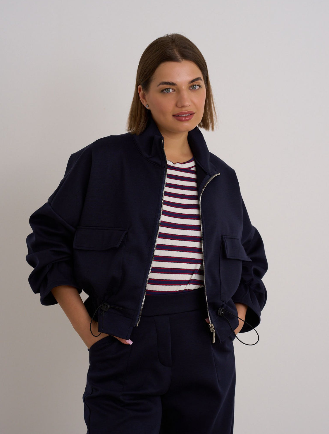 Navy Drawstring Bomber Jacket