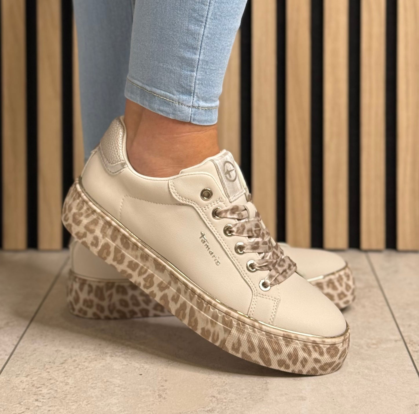 Tamaris - Beige/Animal Print Combo Platform Slip On Trainer