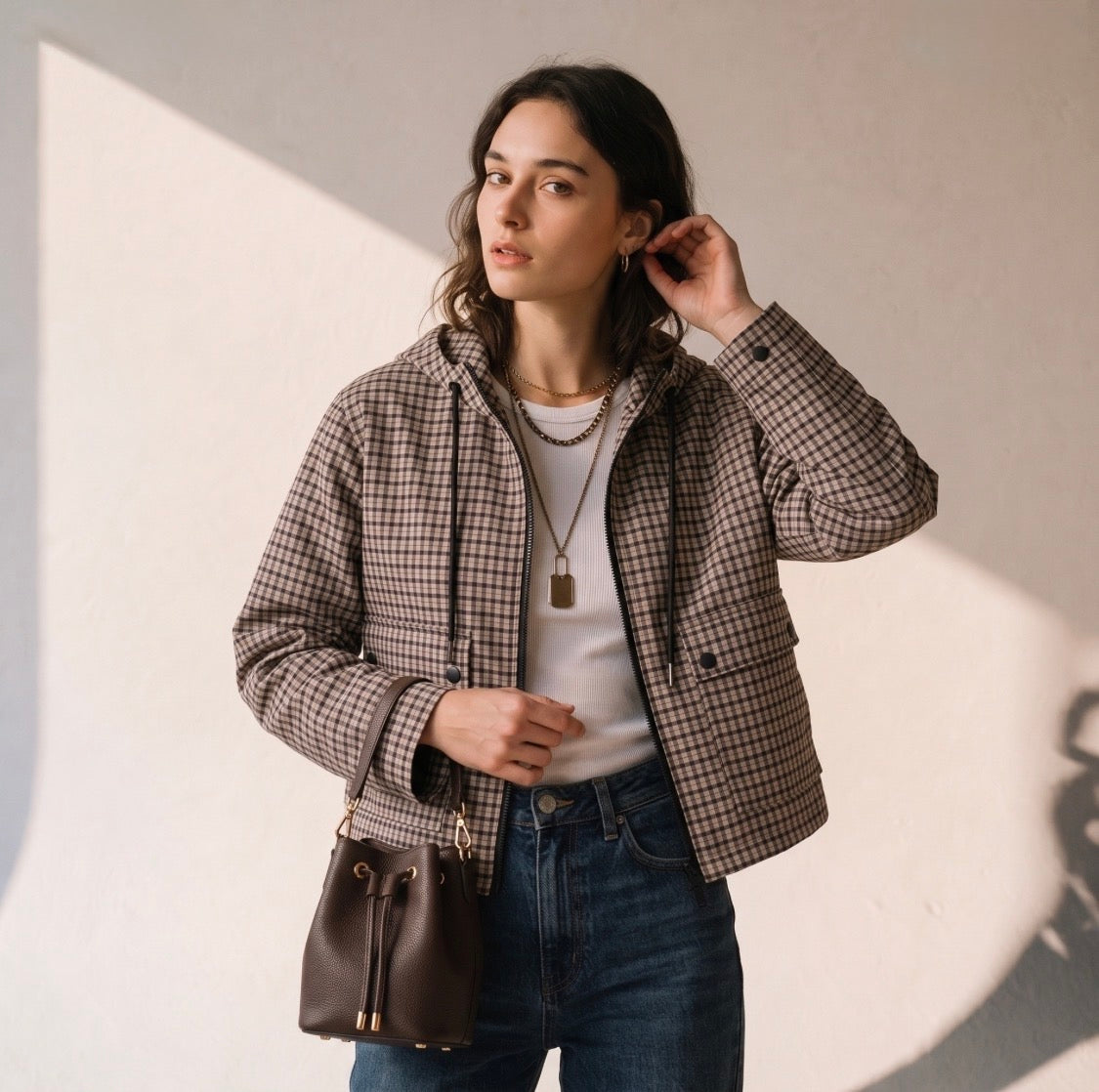 Taupe Checked Short Hooded Jacket