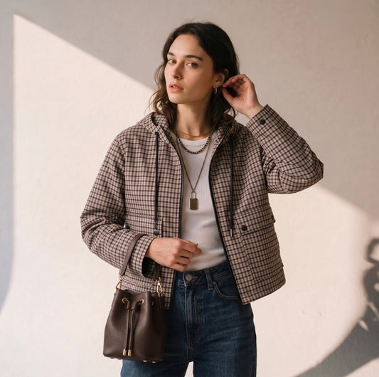 Taupe Checked Short Hooded Jacket