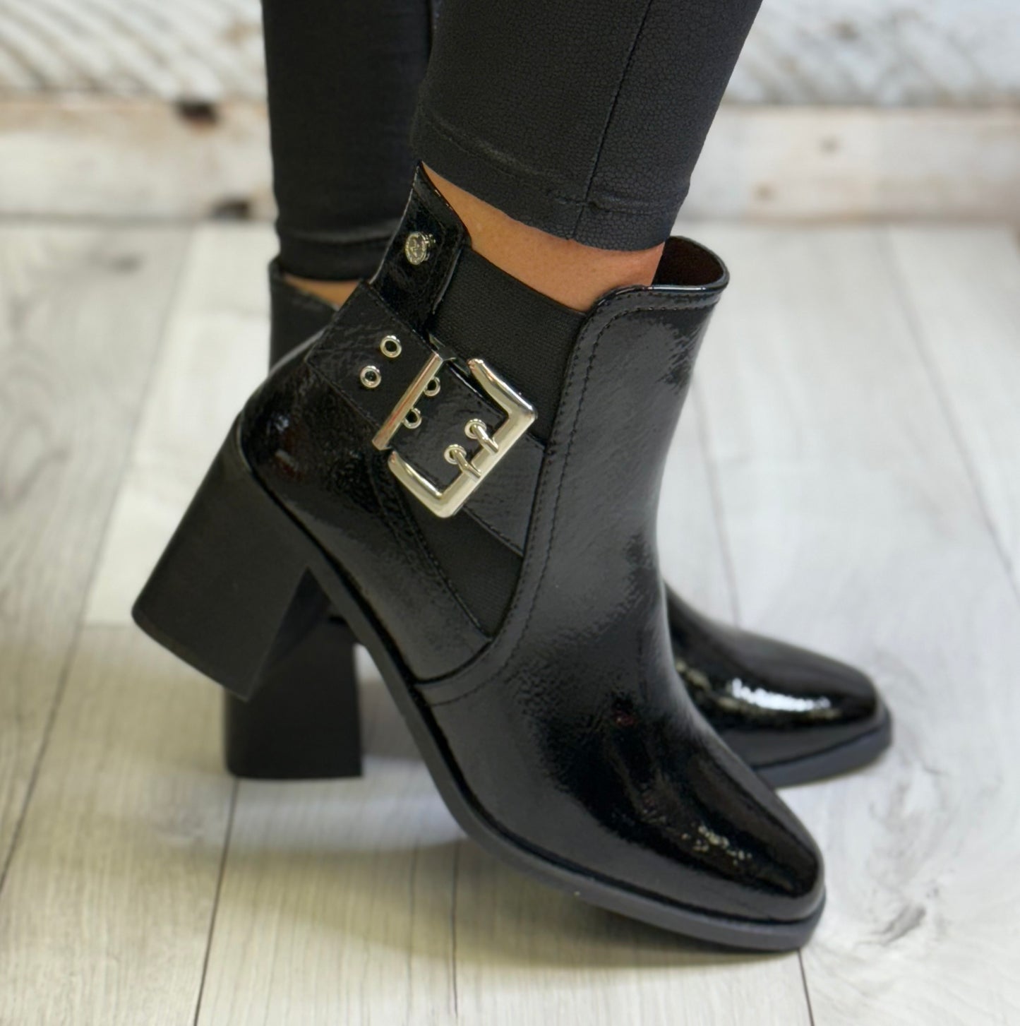 Xti - Black Patent Block Heel Boot