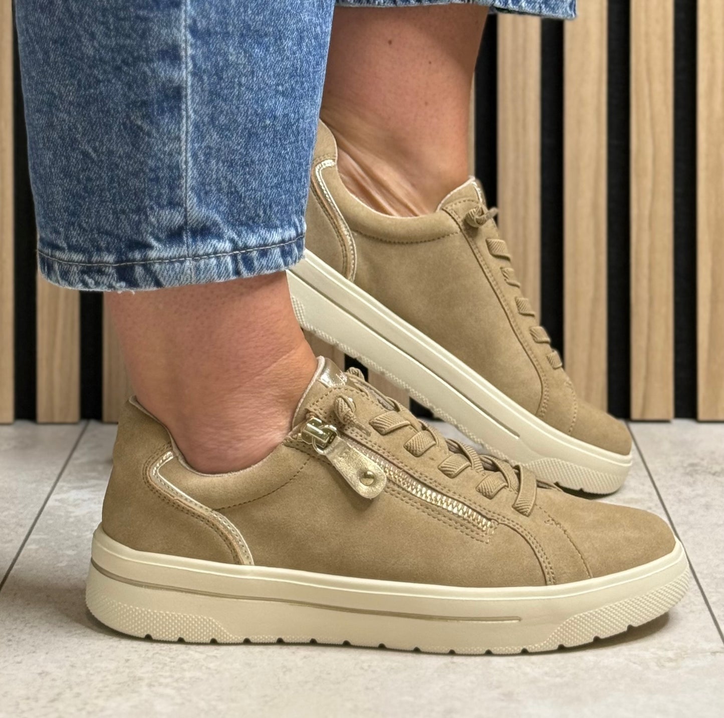 Jana - Sand/Gold Trim Side Zip Trainer