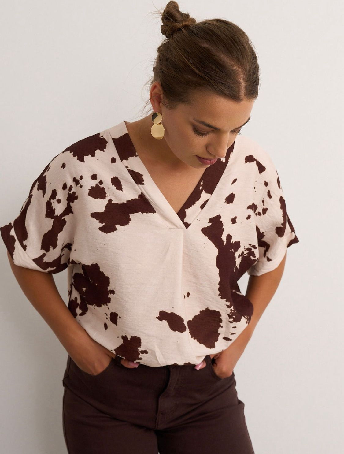 Brown Cow Print Blouse