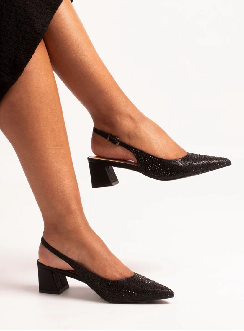 Lunar - 'Milan' Black Diamante Slingback Shoe