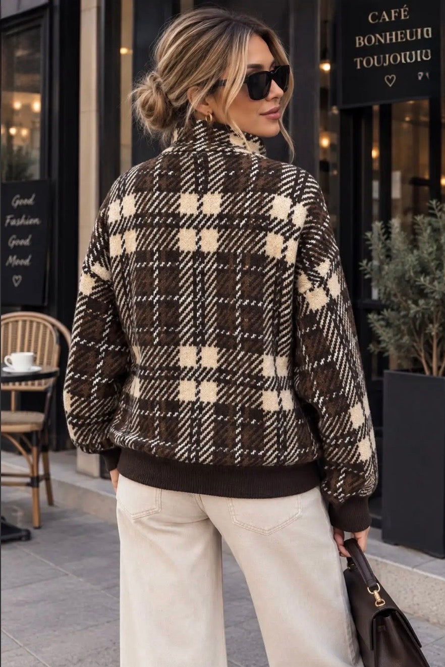 Brown/Beige Checked ‘Amour’ Zip Cardigan