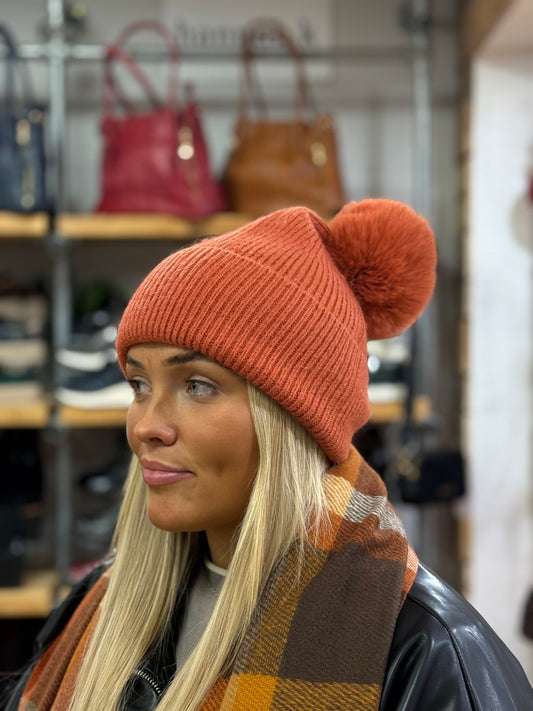 hannah k - Burnt Orange Teddy Pom Pom Hat