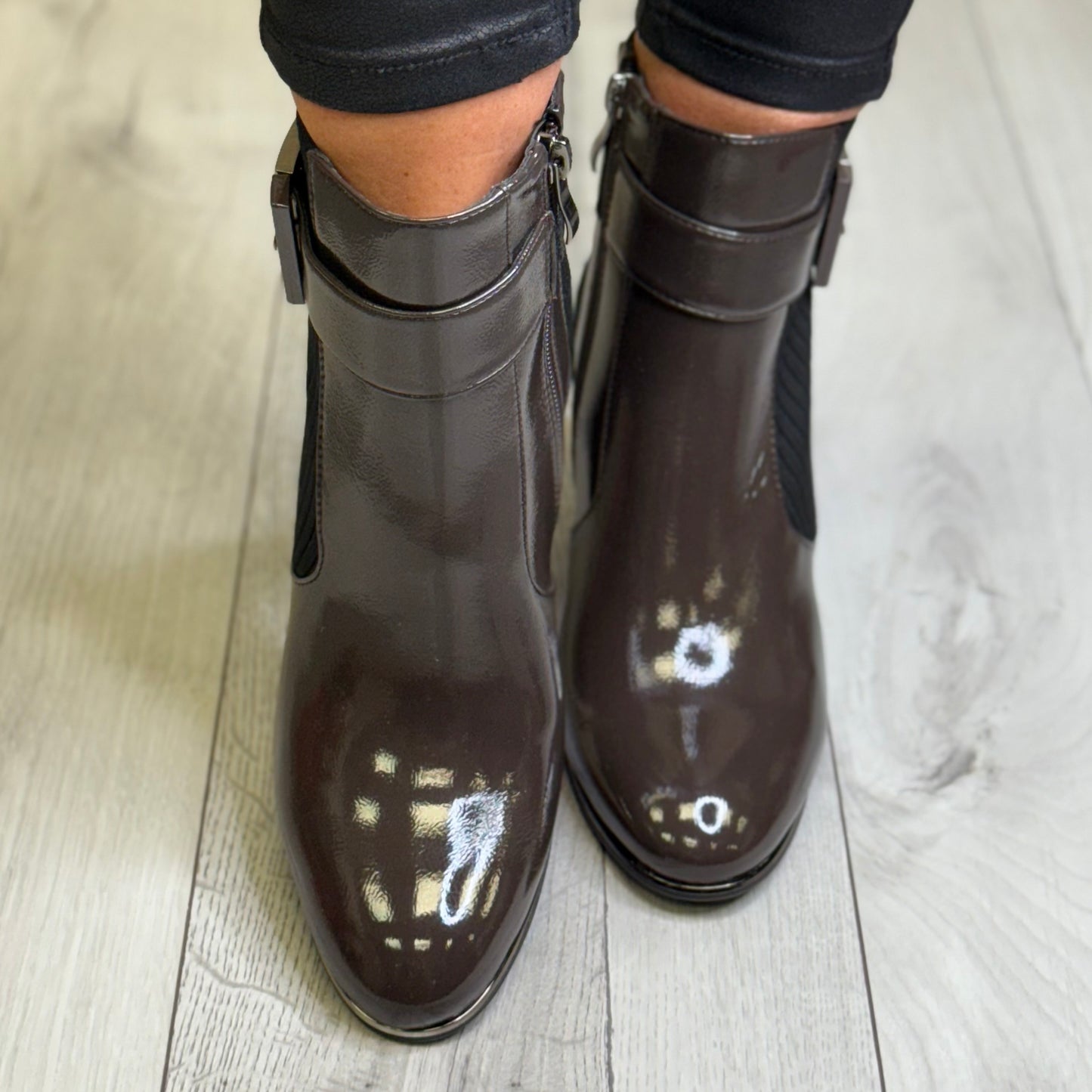 Lunar - ‘Trudy’ Brown Patent Gusset Boot