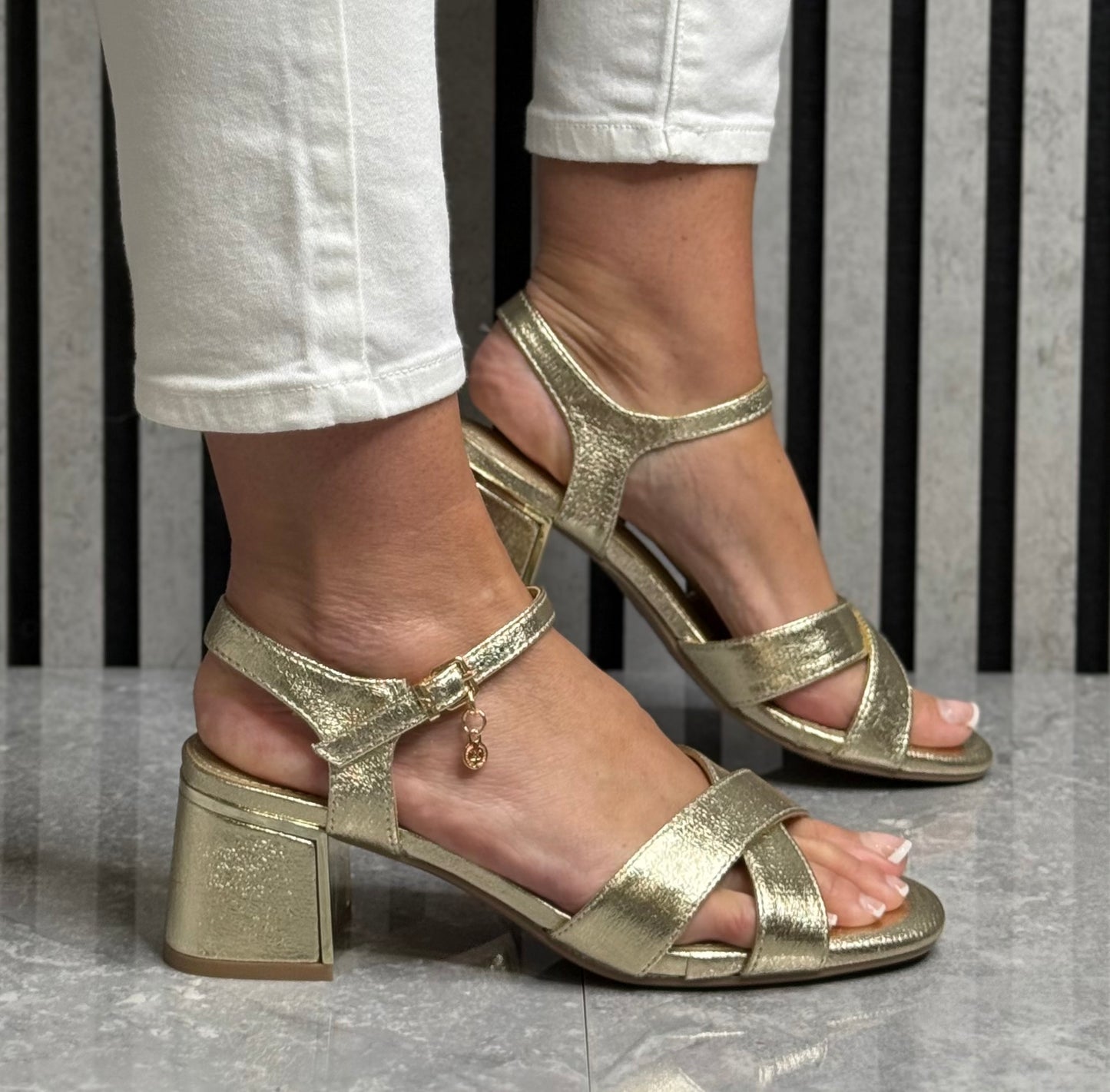 Xti - Gold Metallic Block Heel Sandal (145344)