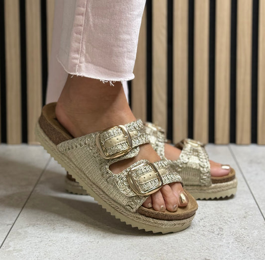 Xti - Gold Metallic Double Buckle Slider Sandal (145072)