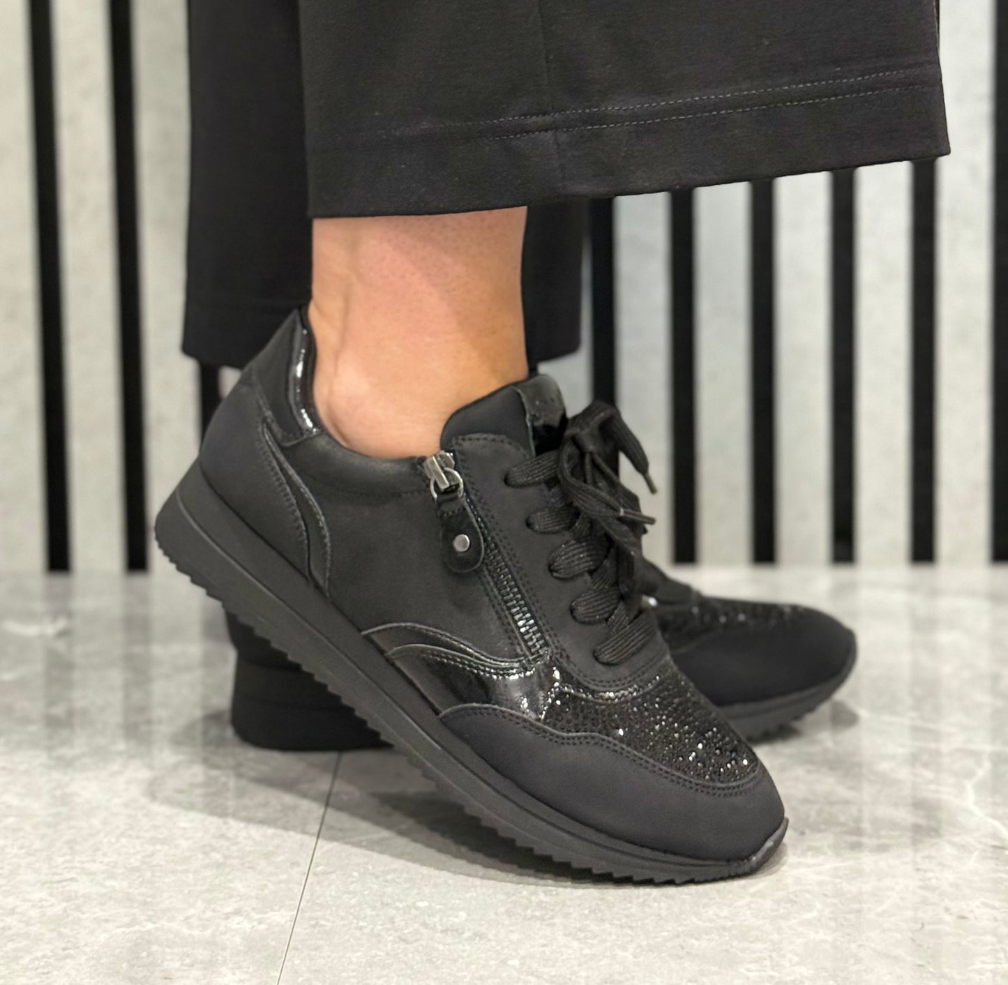 Jana - Black Glitter Side Zip Trainer